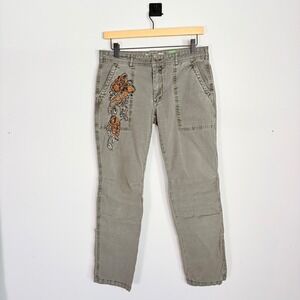 Anthropologie The Wanderer Embroidered Beaded Cargo Pants Size 27 Olive Green